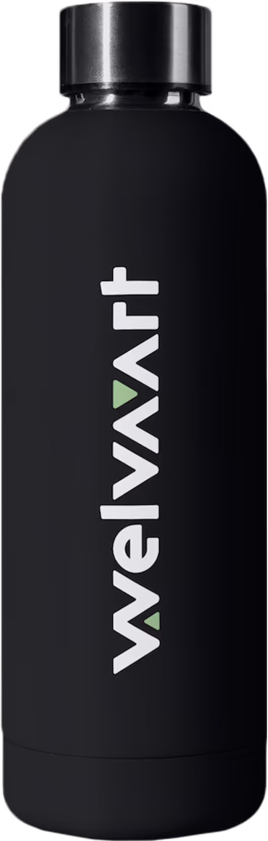 Schwarze Welvaart-Trinkflasche mit weiß-grünem Logo.