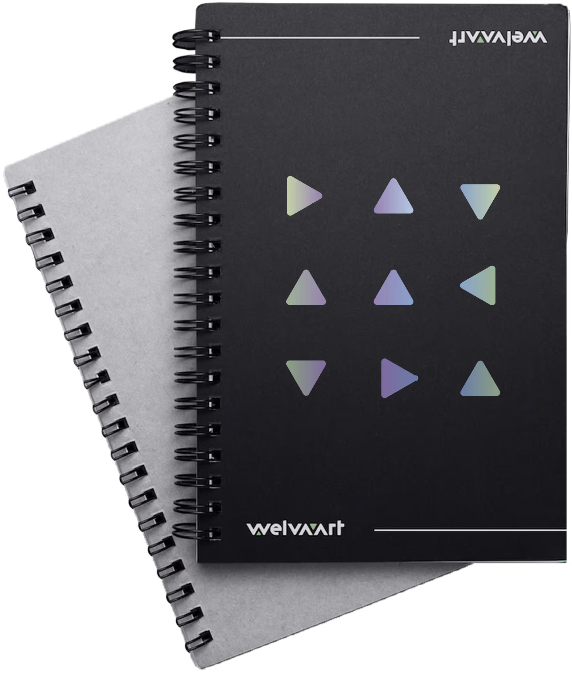Schwarzes Welvaart-Notizbuch mit Dreiecken im Farbverlauf und Welvaart-Logo.