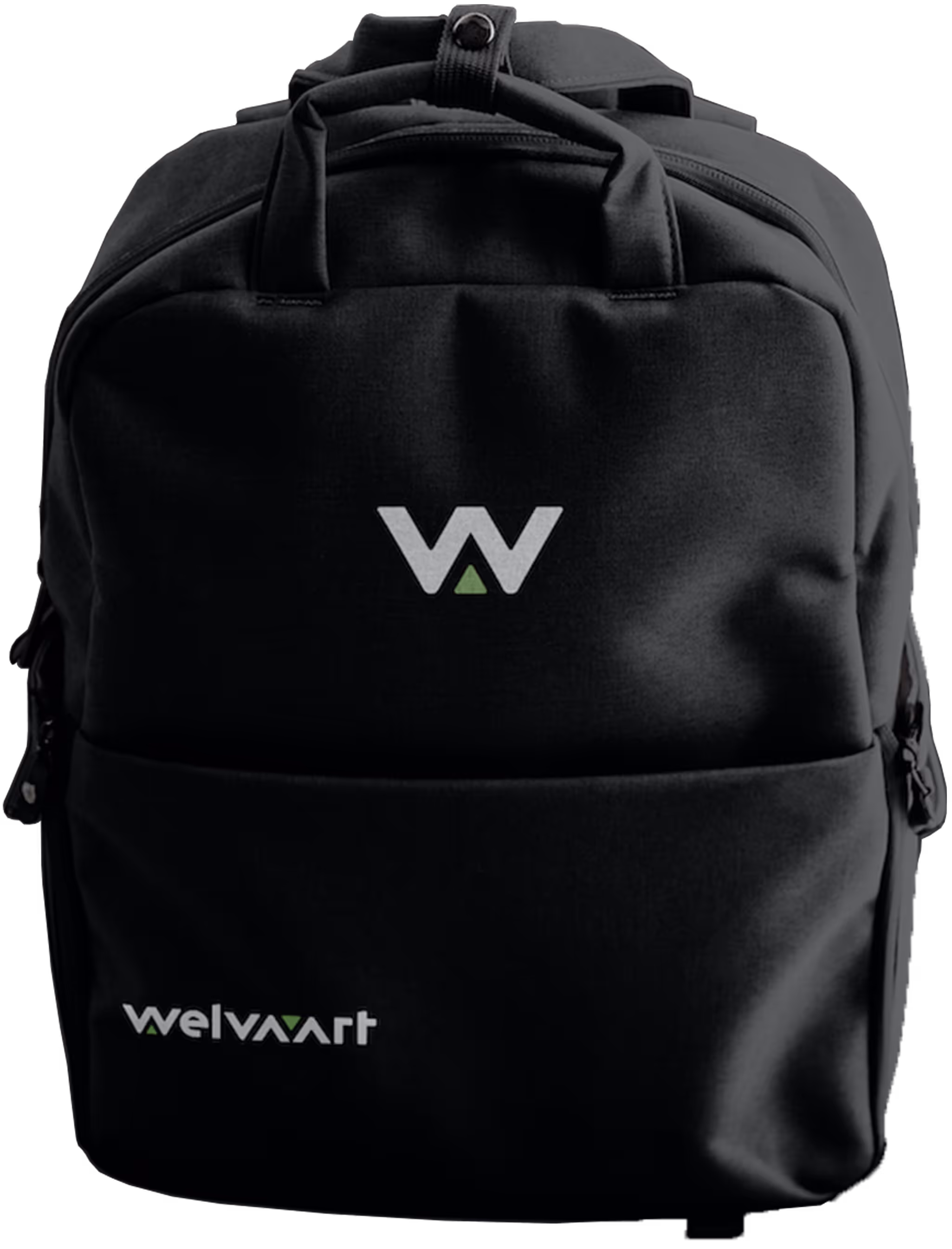 Schwarzer Rucksack mit Welvaart-Logo.